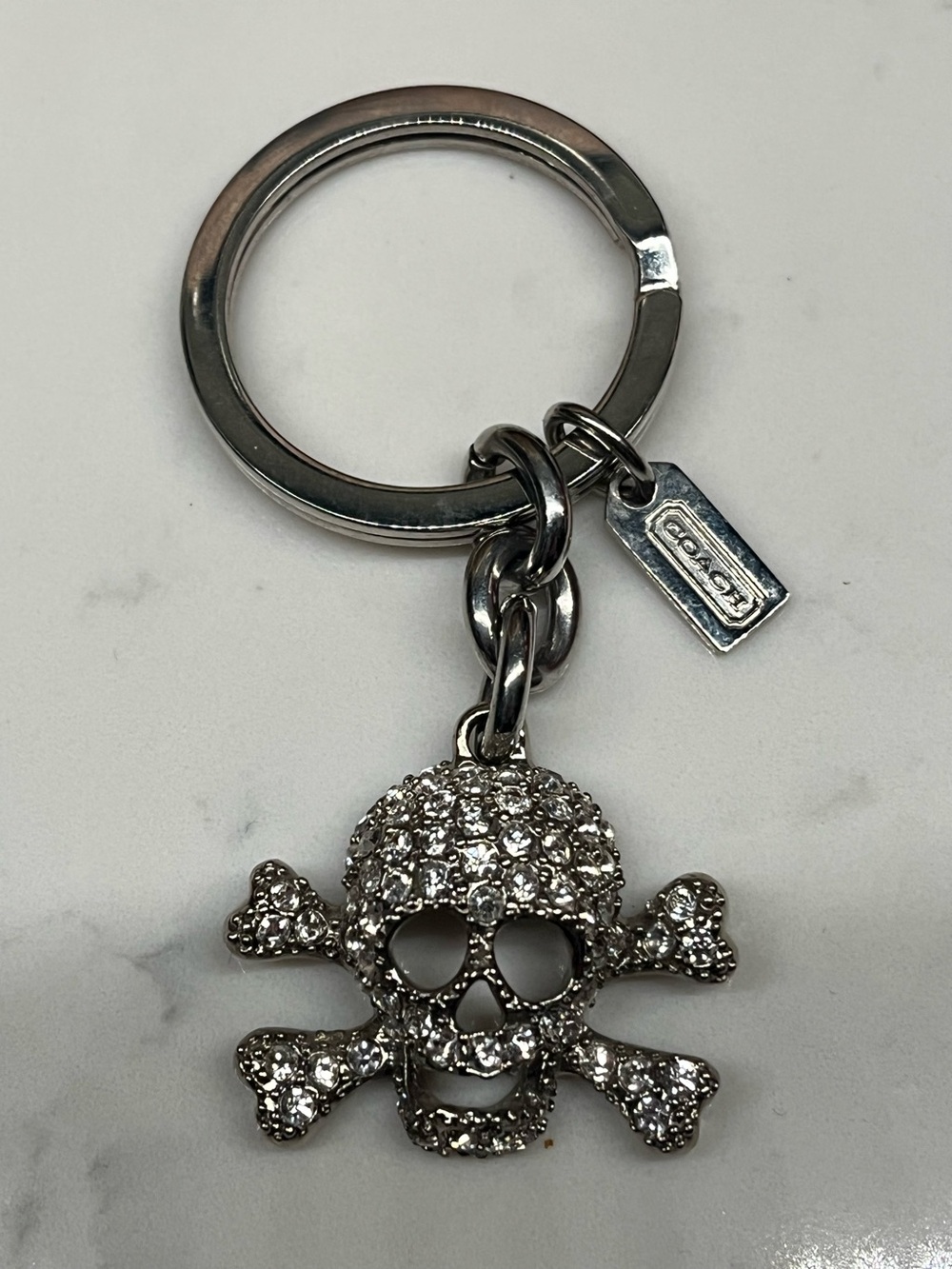 Coach Retired Pavé Skull & Crossbones Key Fob Charm Keychain Silver Tone Crystal